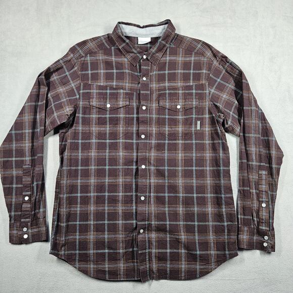 Columbia Shirt Mens Medium Pearl Snap Plaid Western Long Sleeve Brown Outdoor - Picture 2 of 11